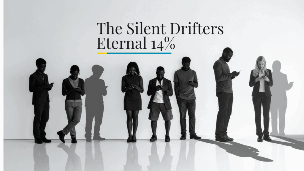 Key visual for "The Hidden Digital Divide." A conceptual image showing isolated, shadow-like figures using smartphones, with the text "The Silent Drifters Eternal 14%" overlaid.