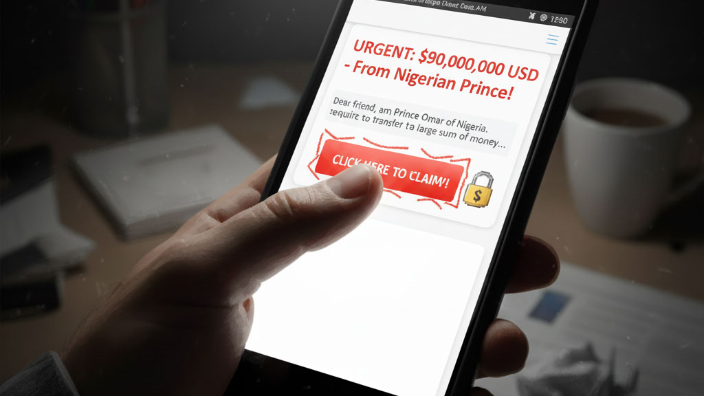 A vulnerable hand about to click on a suspicious phishing email link on a smartphone screen.