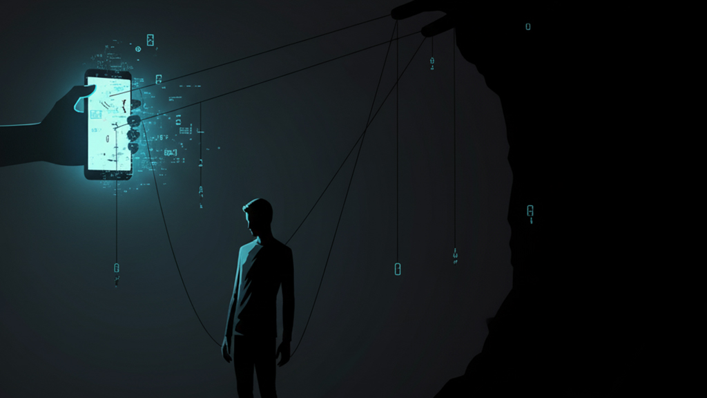 A silhouette of a person being manipulated by invisible strings (or chains) extending from a smartphone, being dragged into darkness. Conceptual image of "Yami-Baito" (dark part-time jobs).