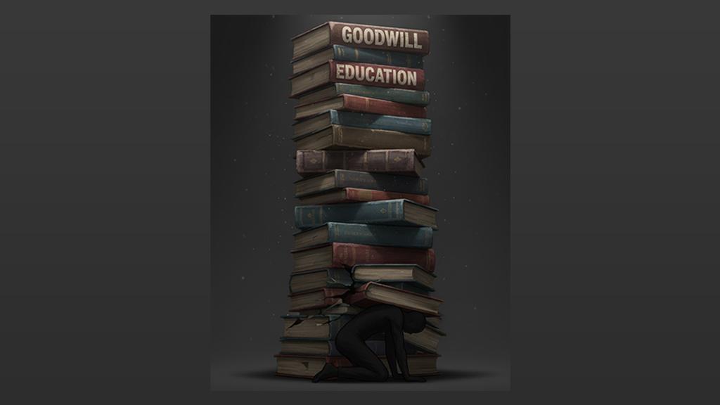 A silhouette of a person being overwhelmed and crushed by giant books or manuals labeled "Enlightenment" and "Education".