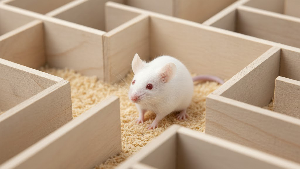 A white laboratory mouse looking lost and confused in a cold, complex maze.